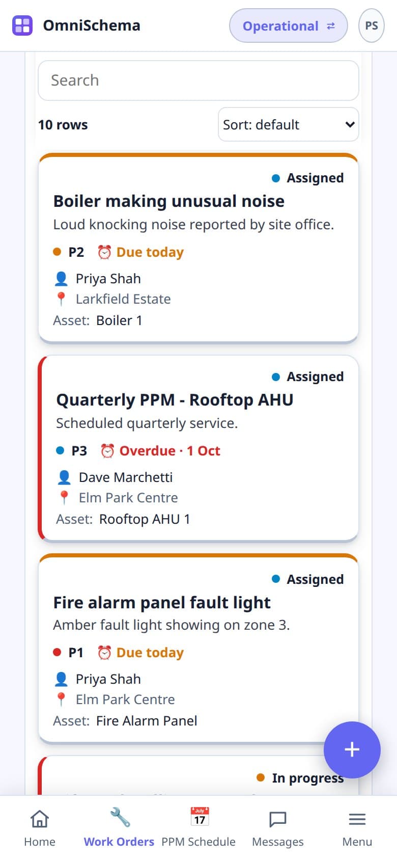 Job cards on a phone, with late jobs edged in red and today's jobs edged in amber