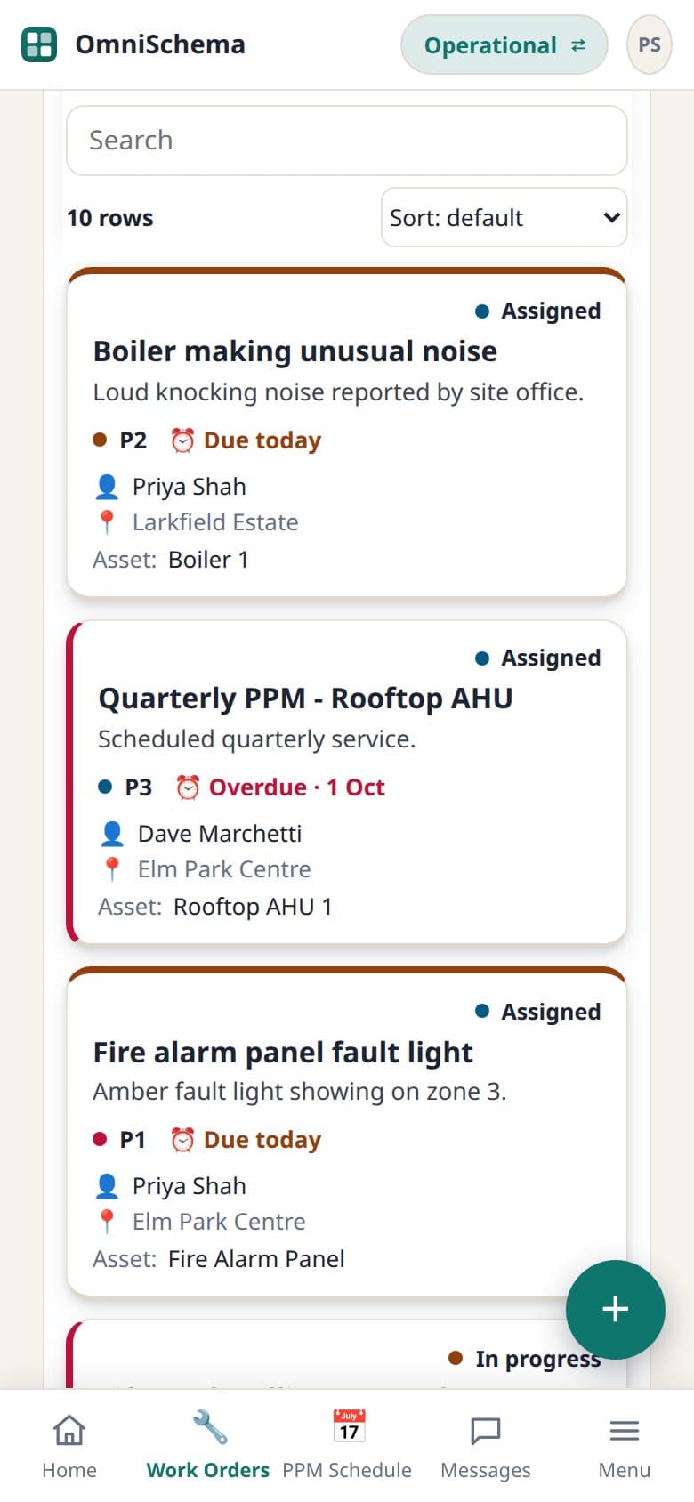 Job cards on a phone, with late jobs edged in red and today's jobs edged in amber