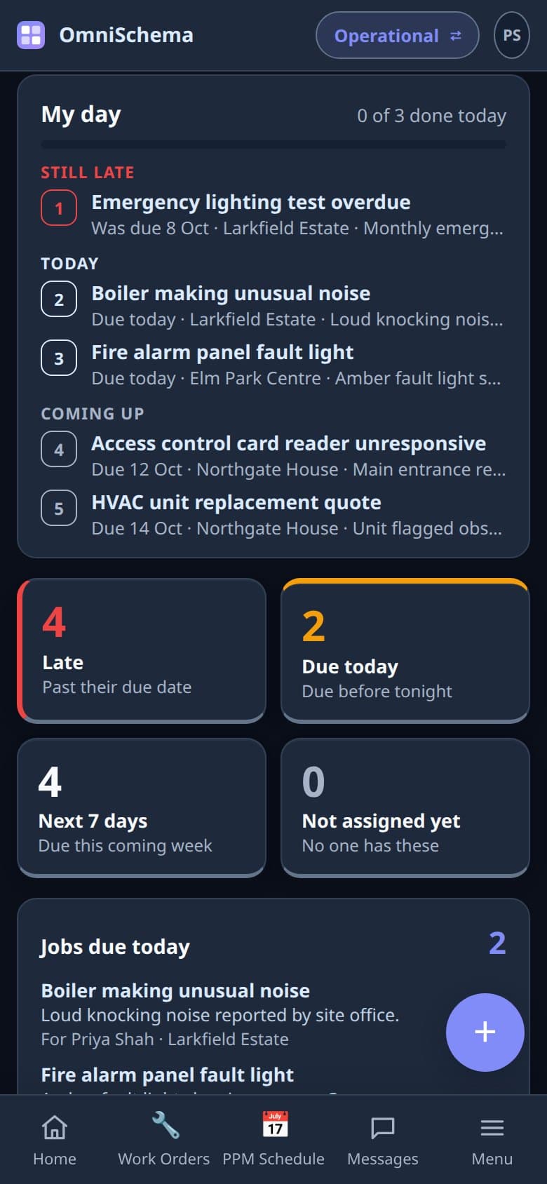 An engineer's phone showing the day in order: a late job, jobs due today and jobs coming up
