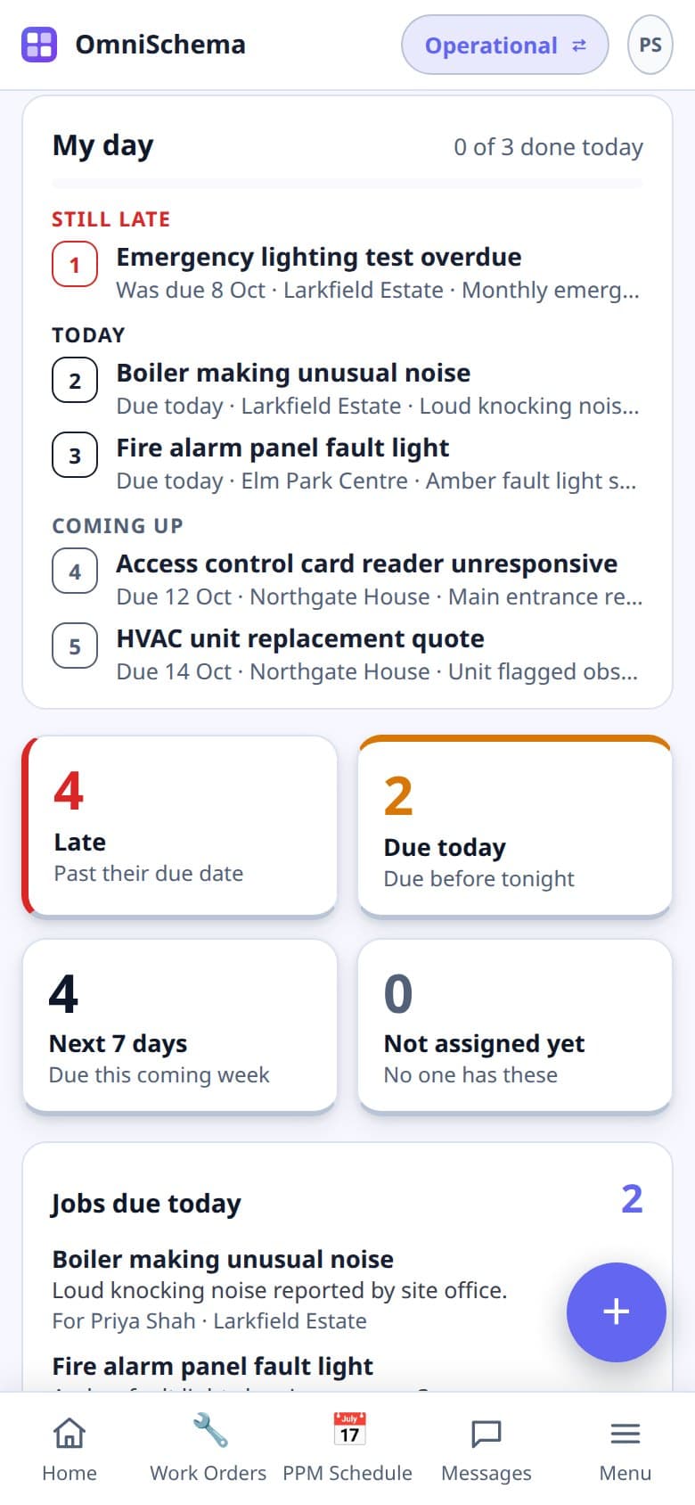 An engineer's phone showing the day in order: a late job, jobs due today and jobs coming up