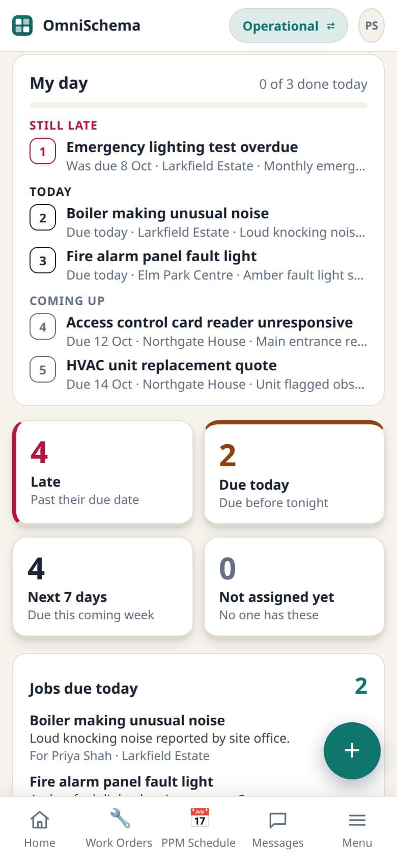 An engineer's phone showing the day in order: a late job, jobs due today and jobs coming up
