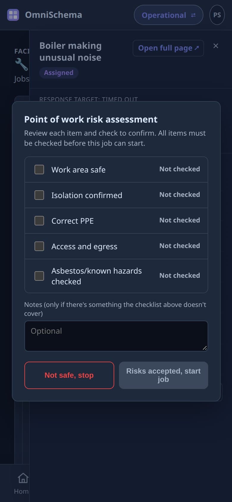 A point-of-work safety check on a phone, with checks to tick before the job starts