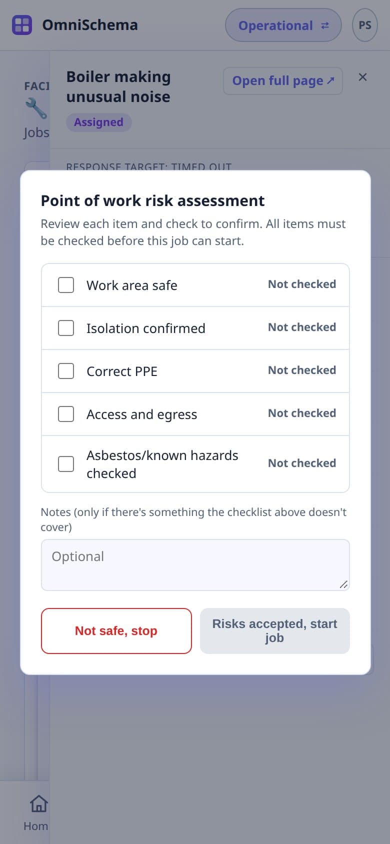 A point-of-work safety check on a phone, with checks to tick before the job starts