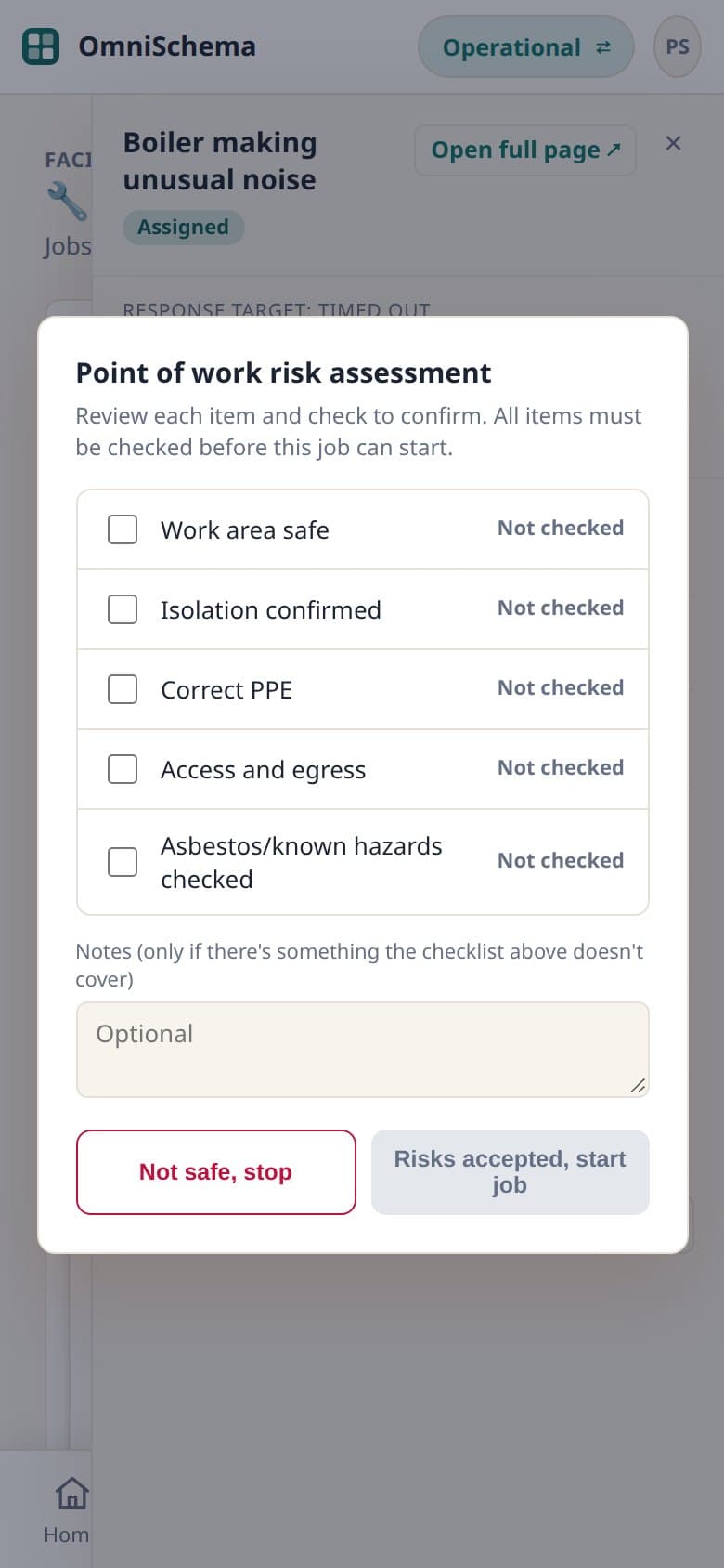 A point-of-work safety check on a phone, with checks to tick before the job starts