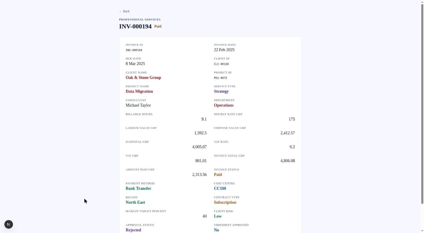 Clicking an invoice row in OmniSchema opens a full detail page with all 24 fields for that record, including computed Subtotal, VAT, and Invoice Total figures