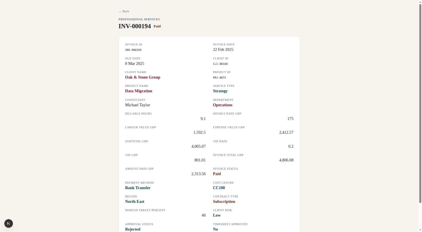 Clicking an invoice row in OmniSchema opens a full detail page with all 24 fields for that record, including computed Subtotal, VAT, and Invoice Total figures