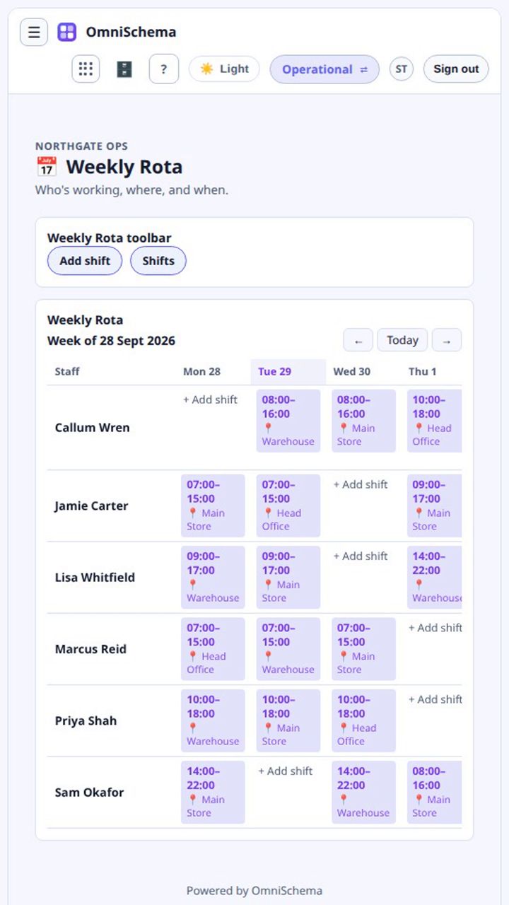 The location sits under each shift, so a week at three different sites is easy to read