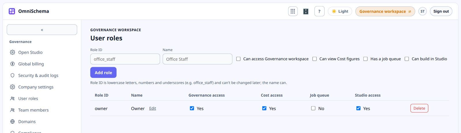 Roles decide who can build pages, who can see cost figures and who works from a job queue