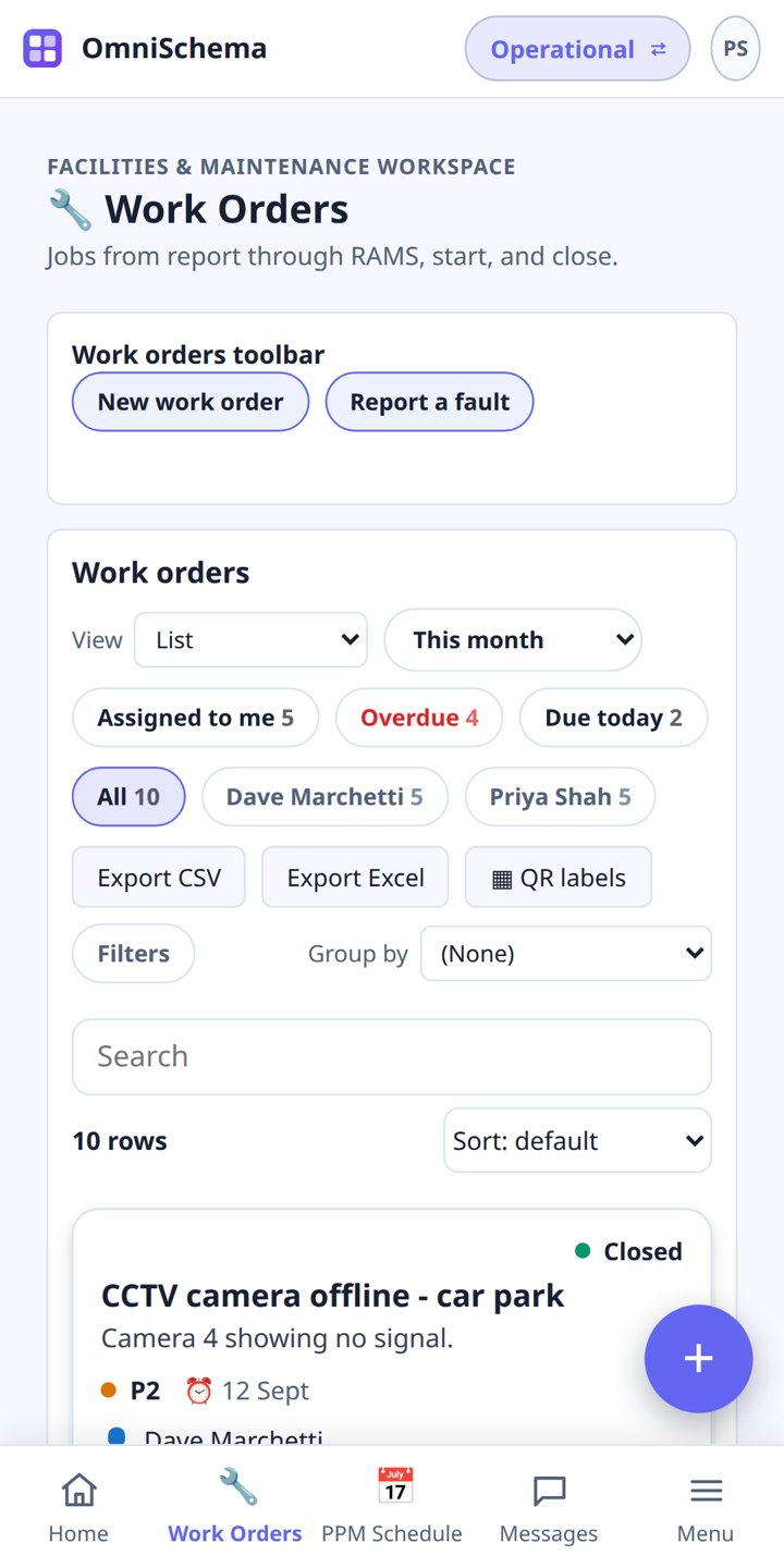 The OmniSchema app on a phone, showing the jobs list with quick filters for assigned, overdue and due today